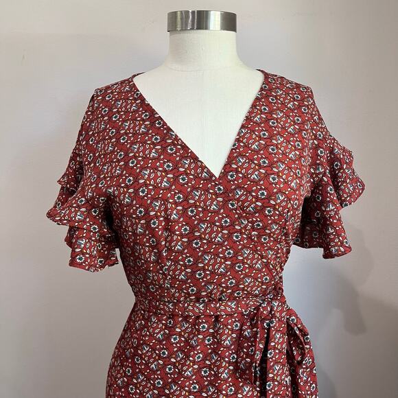 Max Studio Women's Red Floral Midi Ruffle Wrap Dress Size Small - Picture 5 of 11